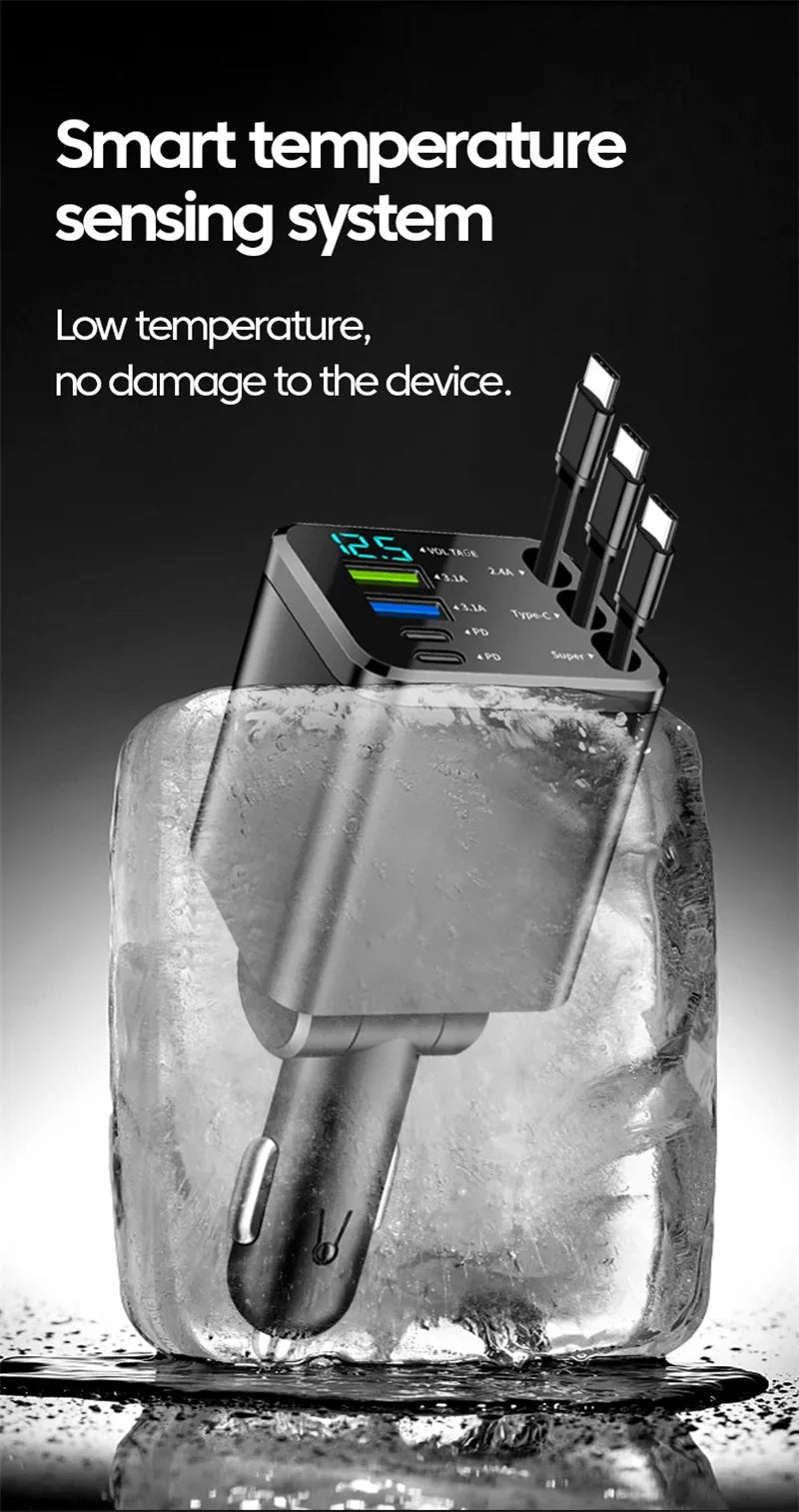 7-in-1 Fast Car Charger with Retractable Cables and Digital Voltmeter