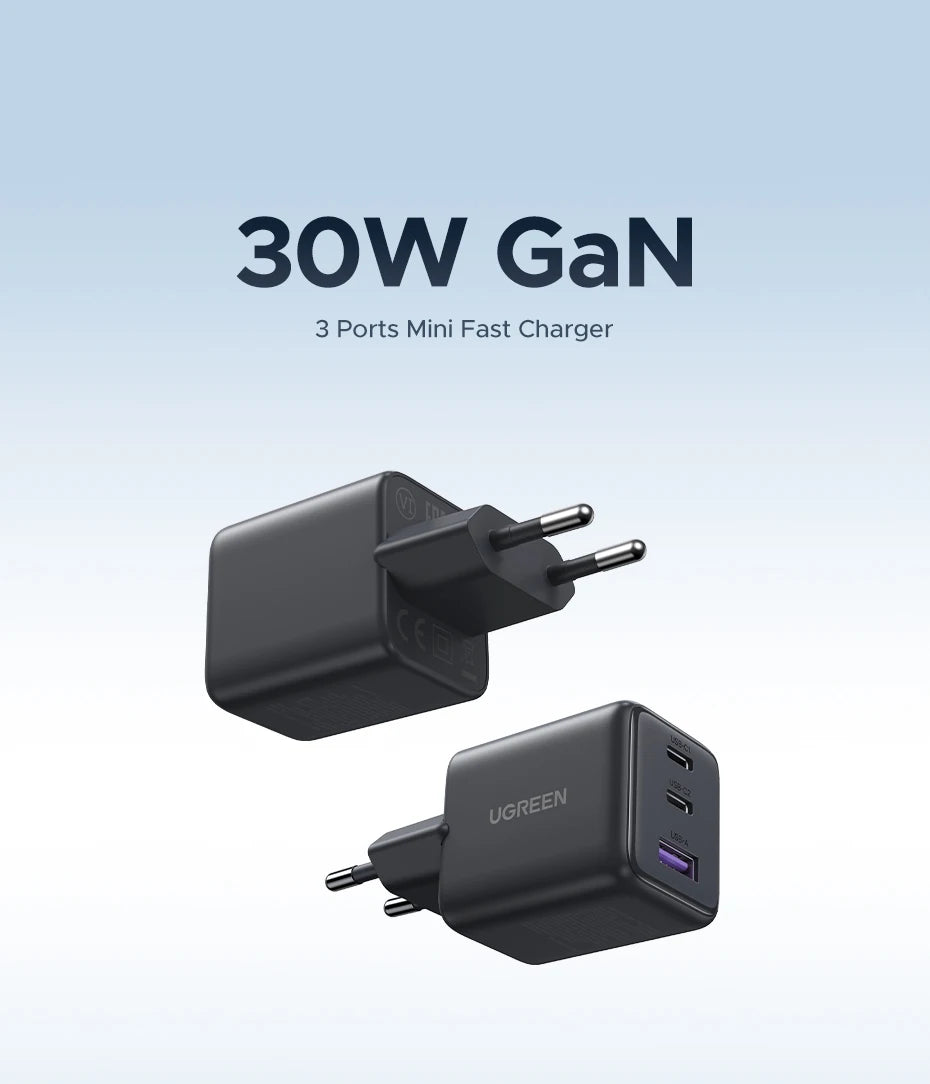 30W GaN Fast Wall Charger with 3 Ports for Smartphones and Tablets
