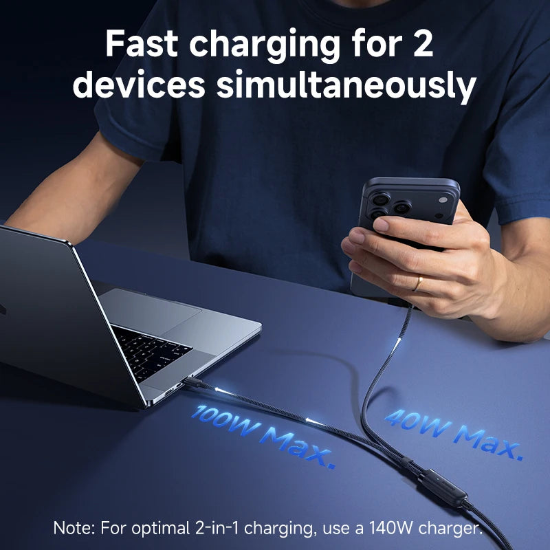 140W 2-in-1 USB-C Fast Charging Data Cable for Laptops and Tablets