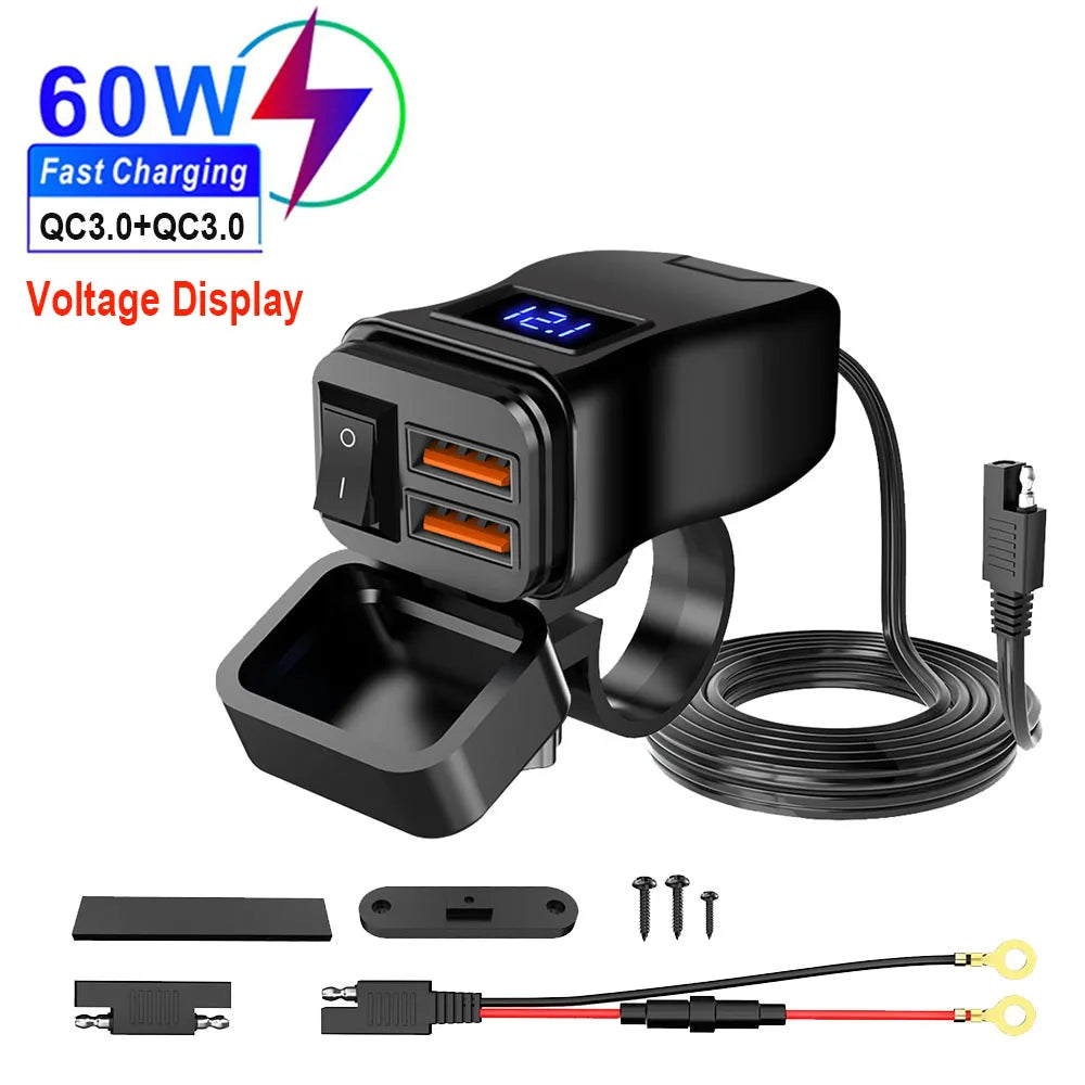 Motorcycle 100W Bidirectional USB Charger with Voltmeter and Switch