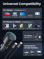 130W USB-C Fast Car Charger with Power Delivery for Laptops and Phones
