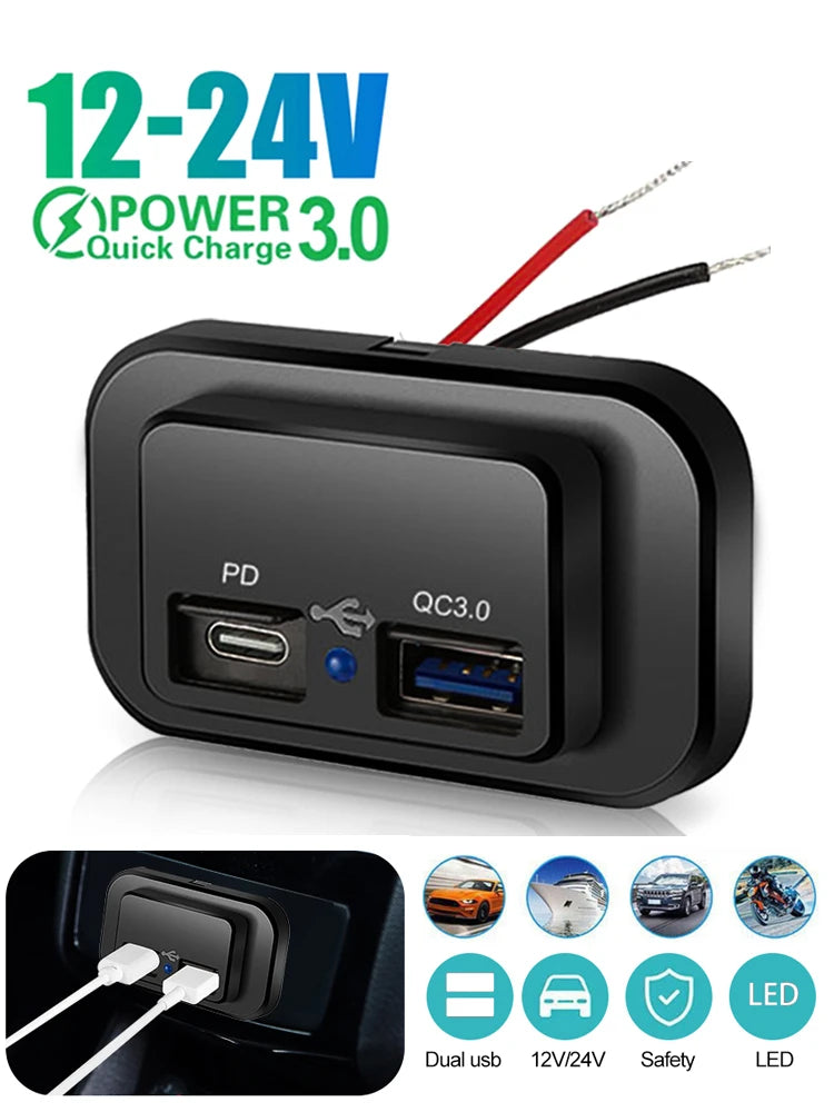 Dual USB Fast Car Charger Socket PD and QC 3.0 for 12V 24V Vehicles