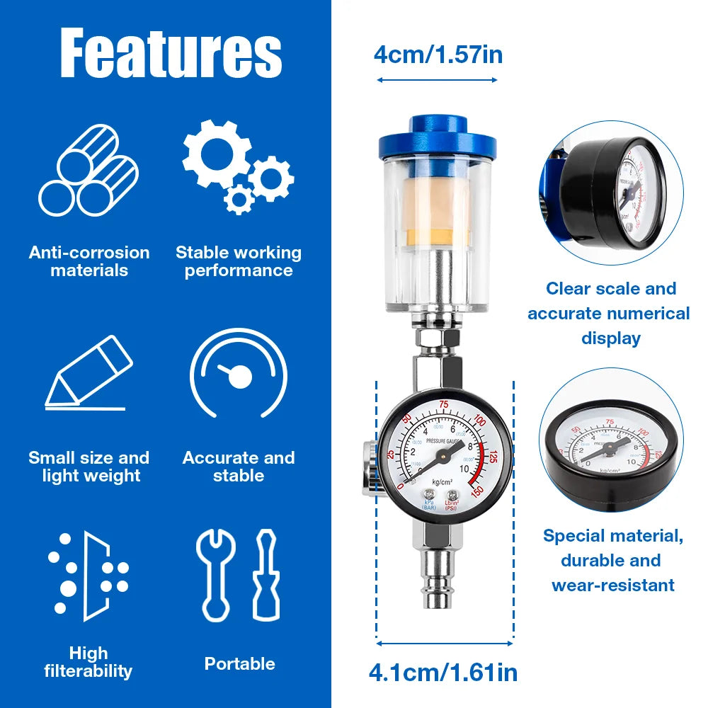 1/4" Air Compressor Filter and Pressure Regulator for Spray Guns