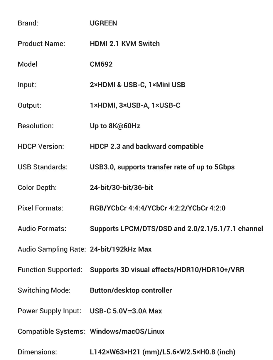 8K 60Hz HDMI 2.1 KVM Switch for Dual Computer Peripheral Sharing