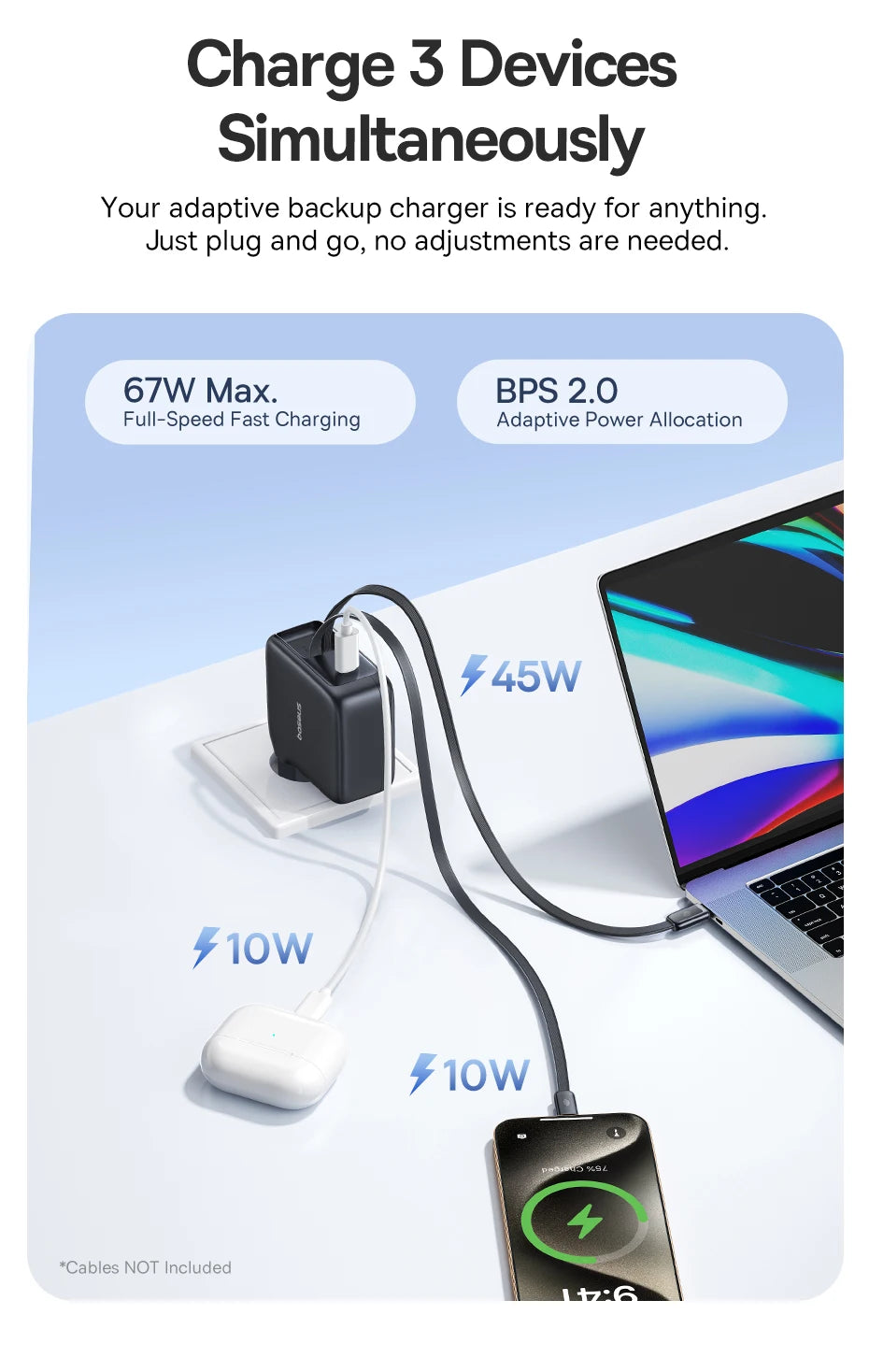 67W GaN Fast Charger with Retractable USB-C Cable for Laptops and Phones - 23