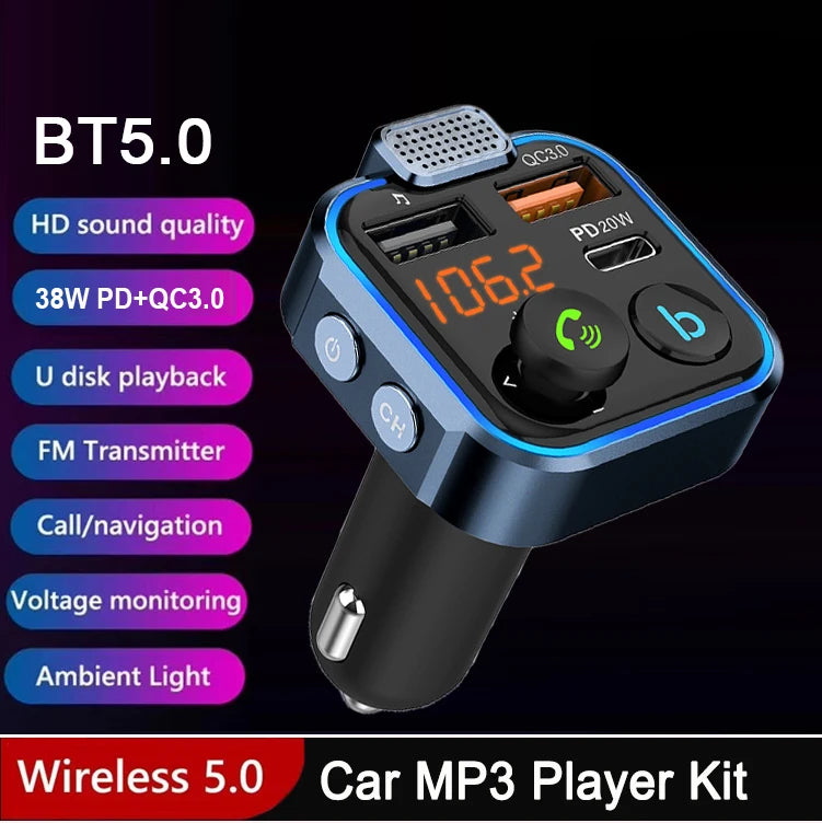 Bluetooth 5.0 FM Transmitter Car Adapter with 38W PD and QC3.0 Charger