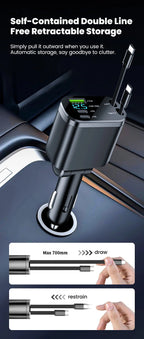 148W 7 in 1 Retractable Car Charger with Voltage Display and Starry Lamp