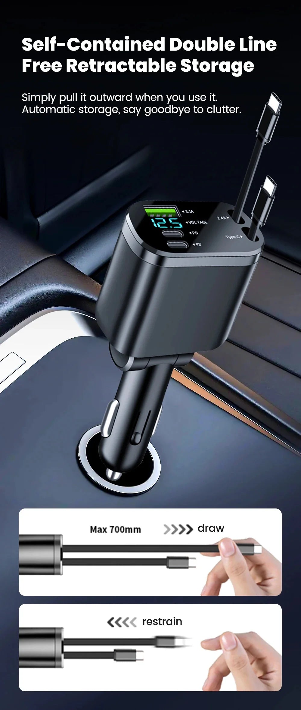 148W 7 in 1 Retractable Car Charger with Voltage Display and Starry Lamp