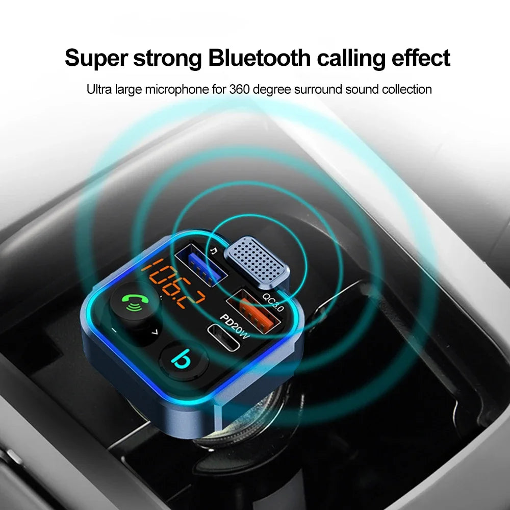 Bluetooth 5.0 FM Transmitter Car Adapter with 38W PD and QC3.0 Charger