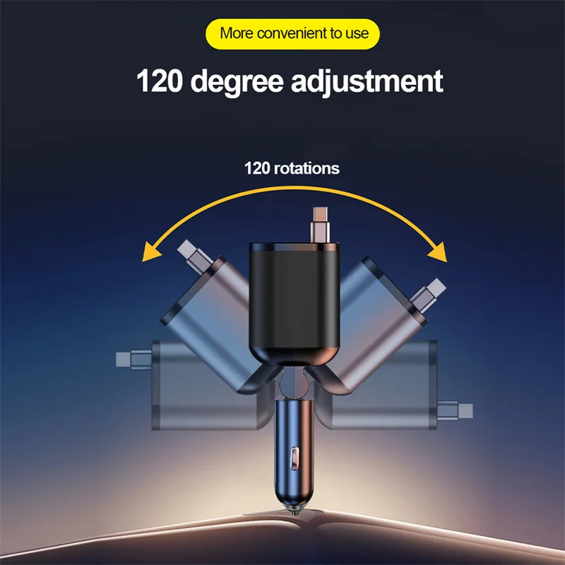 6-in-1 Retractable Fast Car Charger Adapter with Dual Lighter Ports