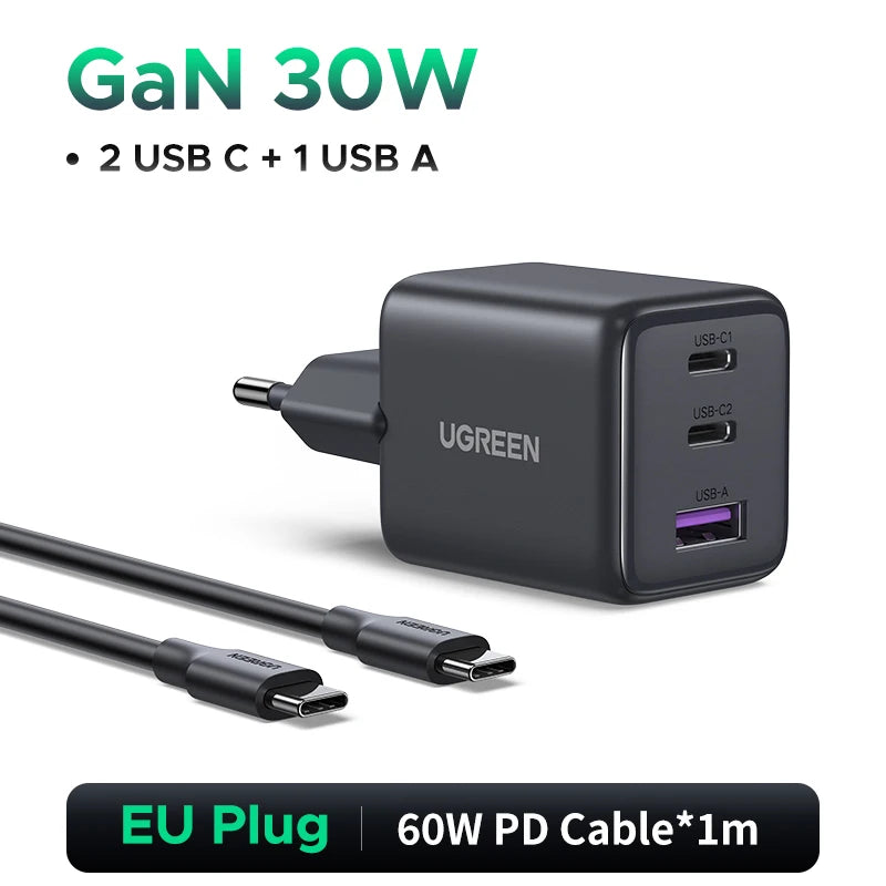 30W GaN Fast Wall Charger with 3 Ports for Smartphones and Tablets
