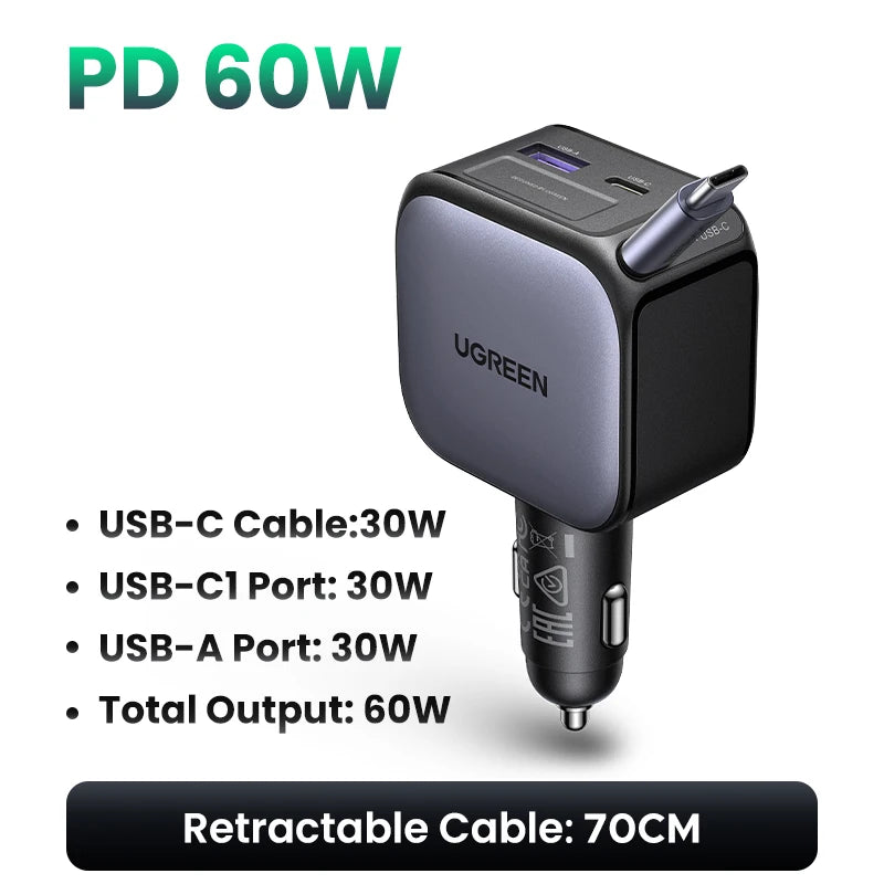 Fast-Charging Retractable USB-C Car Charger with Multiple Ports