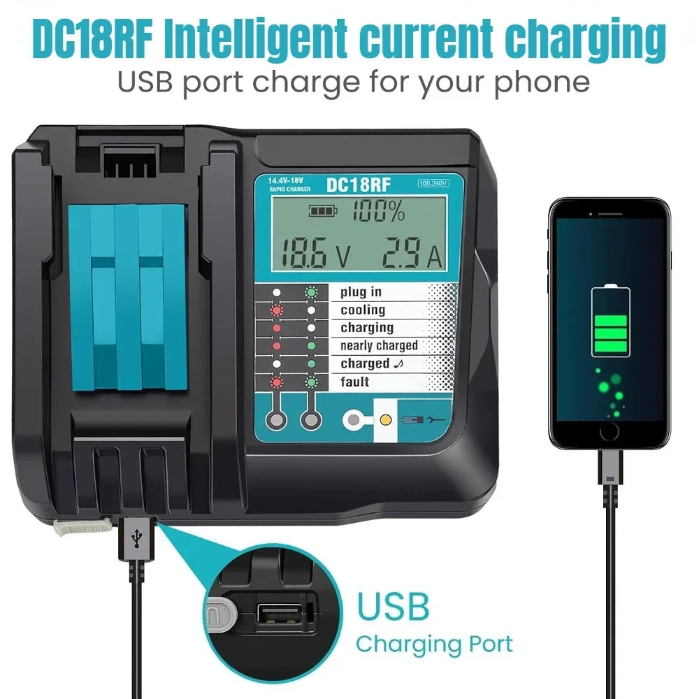 Fast 14.4V-18V Lithium Battery Charger with LED Display and USB Port - 1
