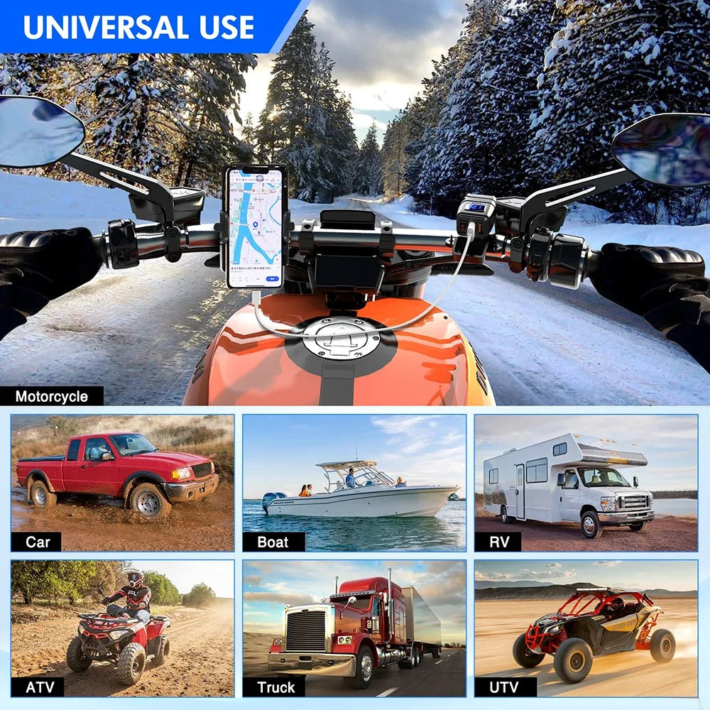Motorcycle Handlebar USB Type C Charger with Voltmeter and Power Switch