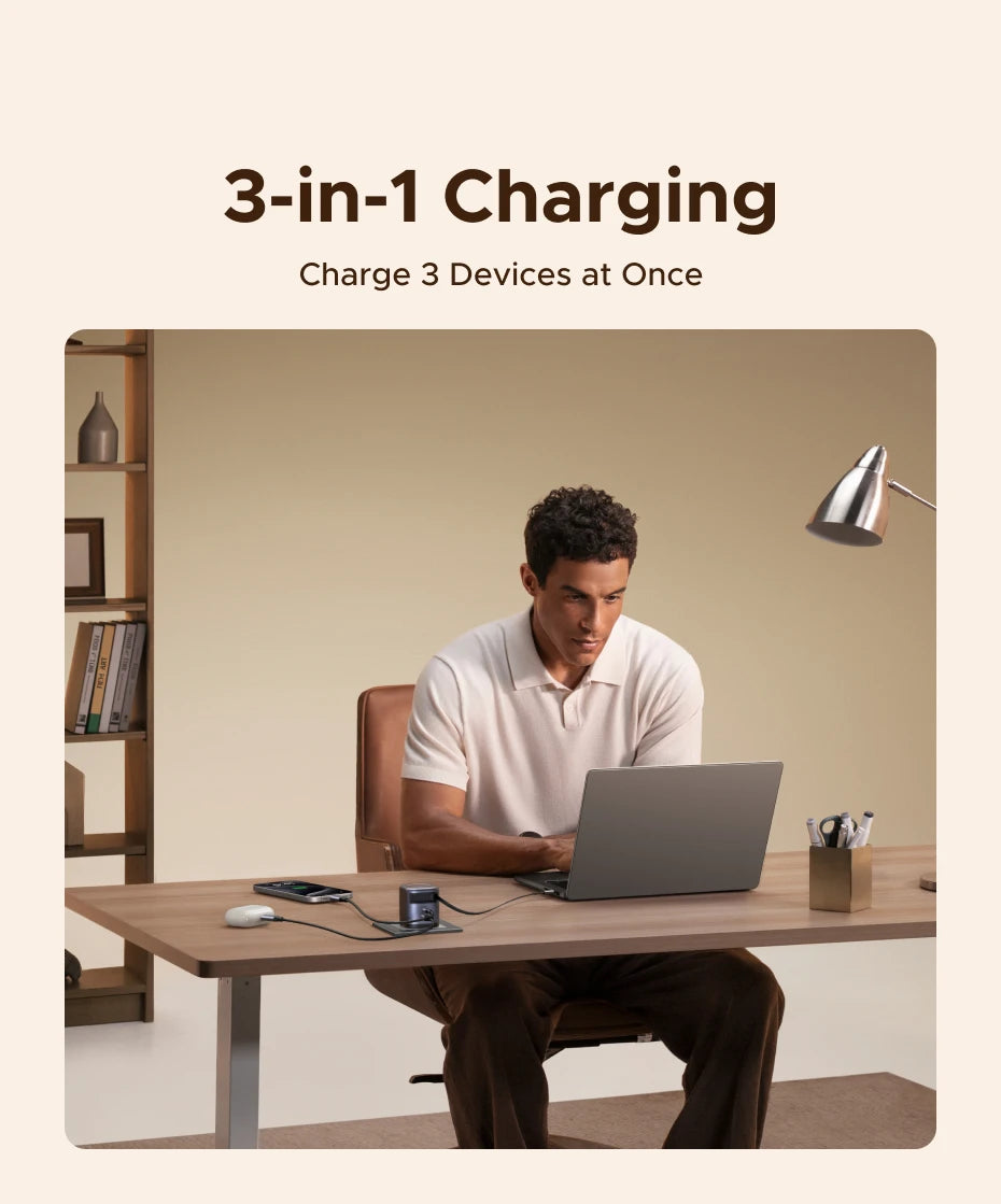 65W GaN Fast Wall Charger with Built-in Retractable USB-C Cable