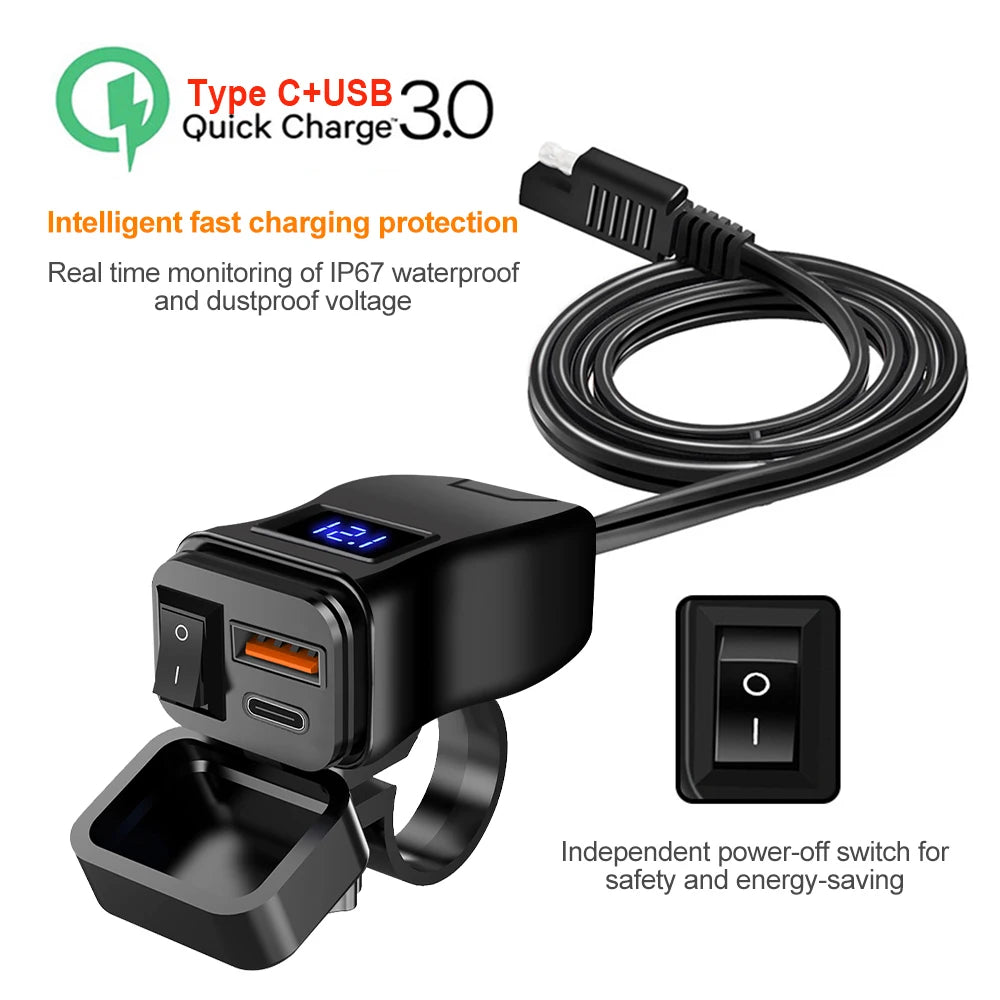 Motorcycle 100W Bidirectional USB Charger with Voltmeter and Switch