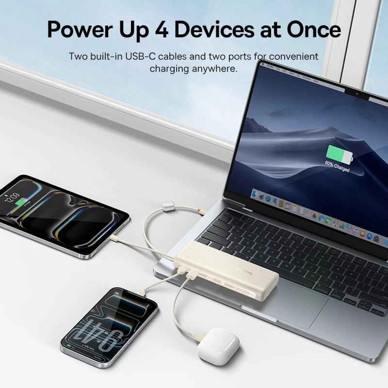 100W 20000mAh Fast Charging Power Bank with Built-In USB-C Cables