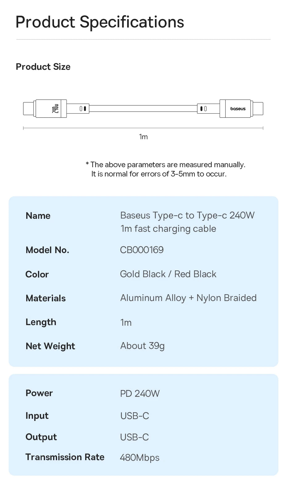 240W USB-C to USB-C Fast Charging and Data Sync Cable