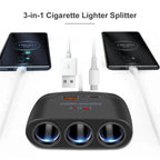 120W 3-Way Car Cigarette Lighter Splitter with USB Fast Charging