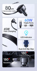 60W Retractable Fast Car Charger with 3 Ports