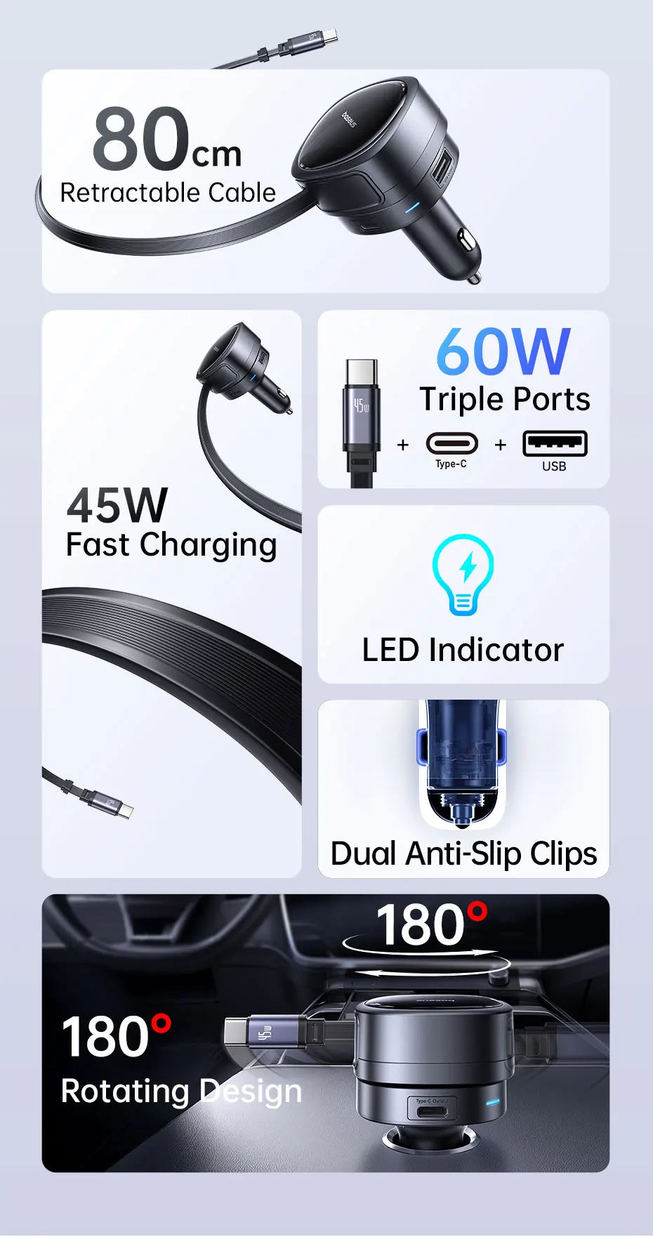 60W Retractable Fast Car Charger with 3 Ports