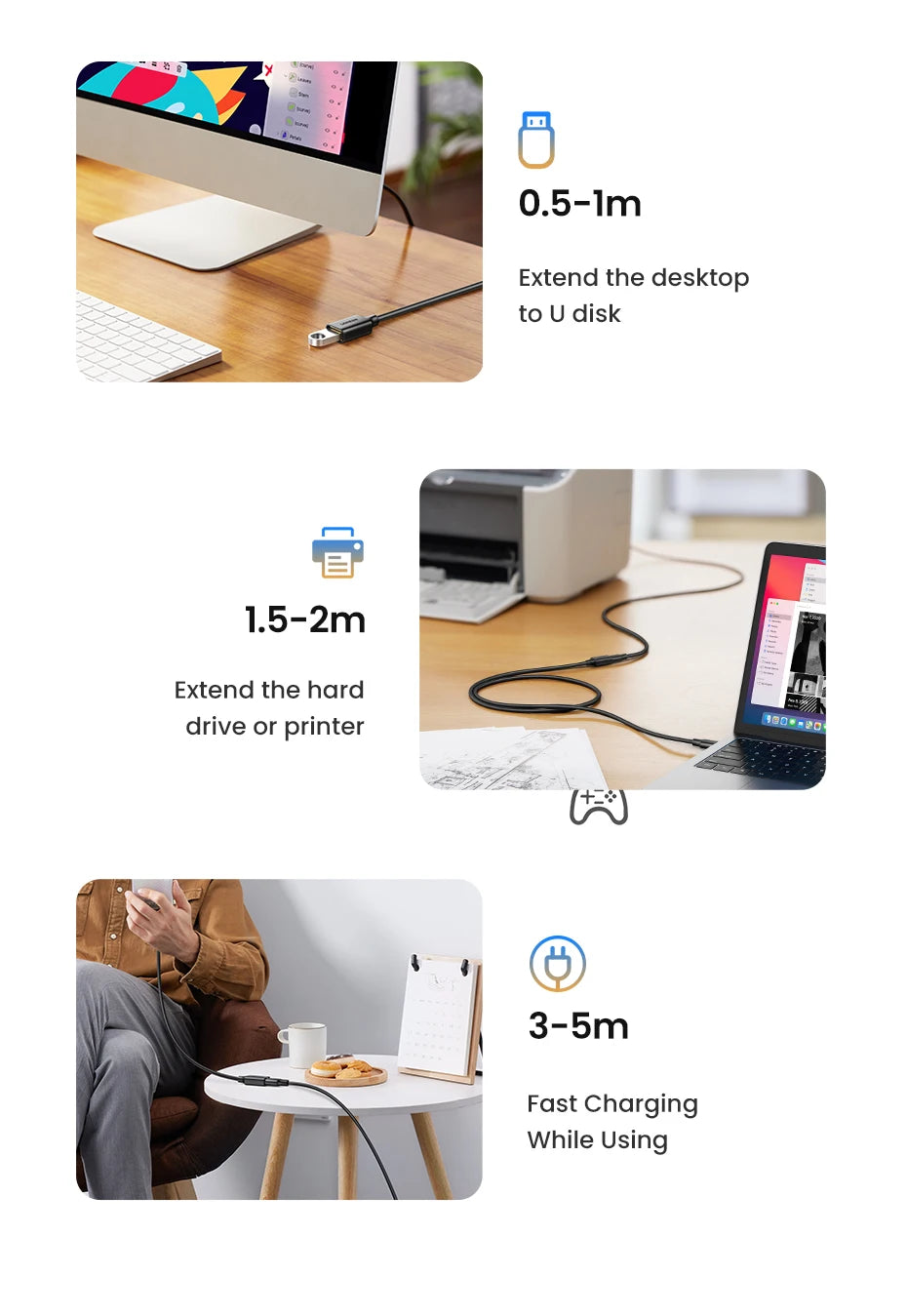 USB 3.0 Male to Female Extension Cable for Data Transfer