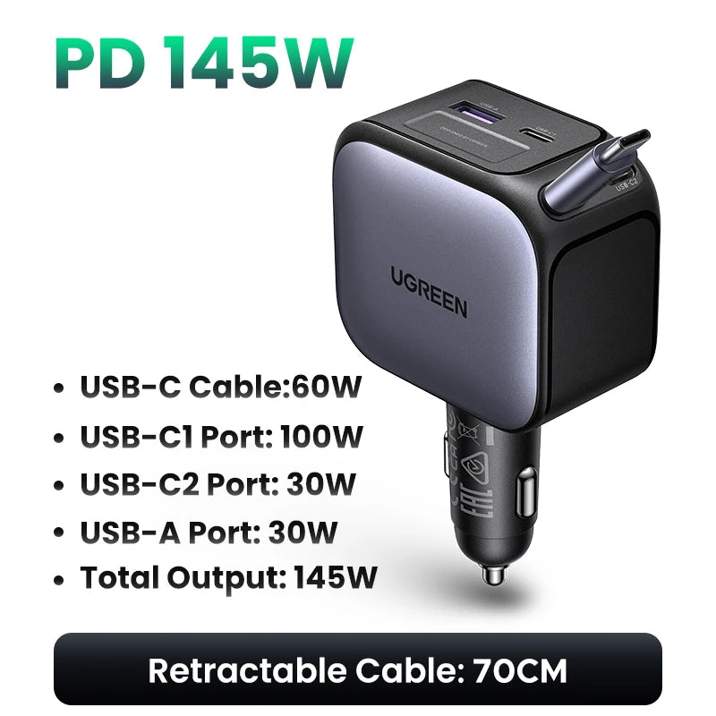 145W Fast Car Charger with Retractable USB-C Cable