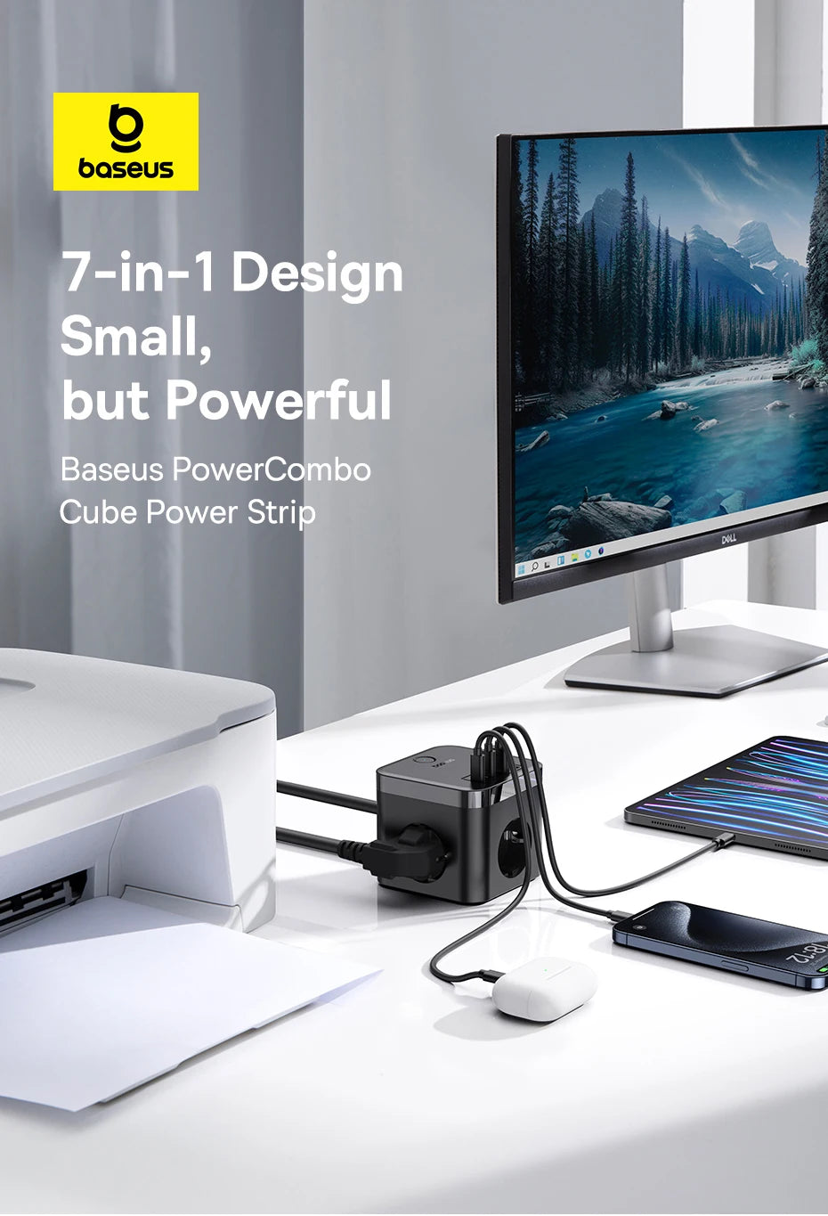 30W Desktop Power Strip with 3 AC Outlets and 4 USB Ports