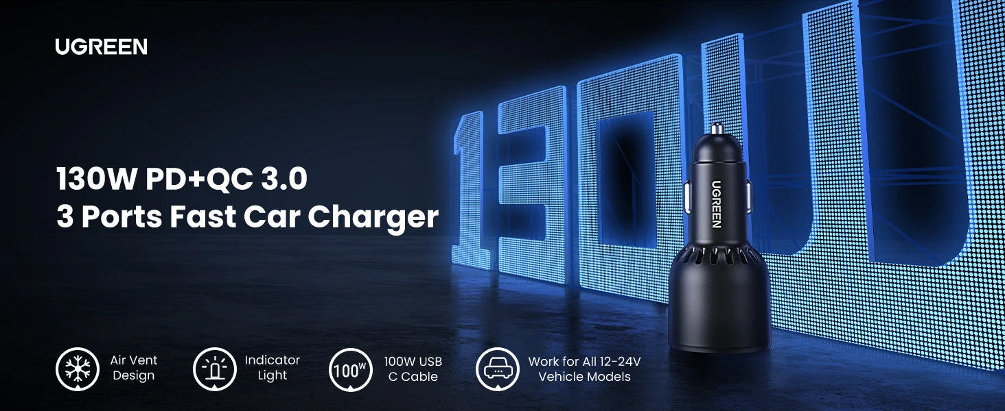 130W USB-C Fast Car Charger with Power Delivery for Laptops and Phones - 9
