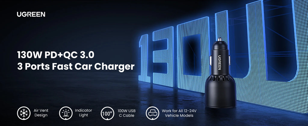 130W USB-C Fast Car Charger with Power Delivery for Laptops and Phones