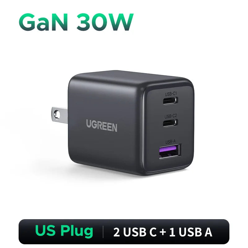 30W GaN Fast Wall Charger with 3 Ports for Smartphones and Tablets
