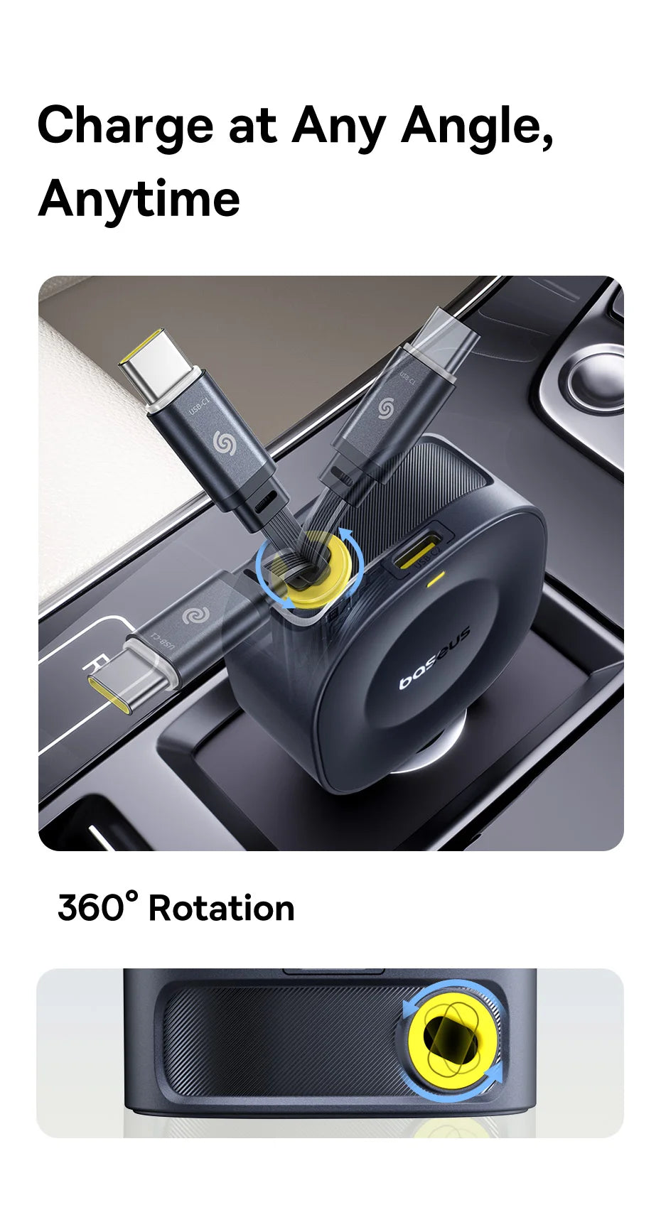 45W Dual USB-C Fast Car Charger with Retractable Cable