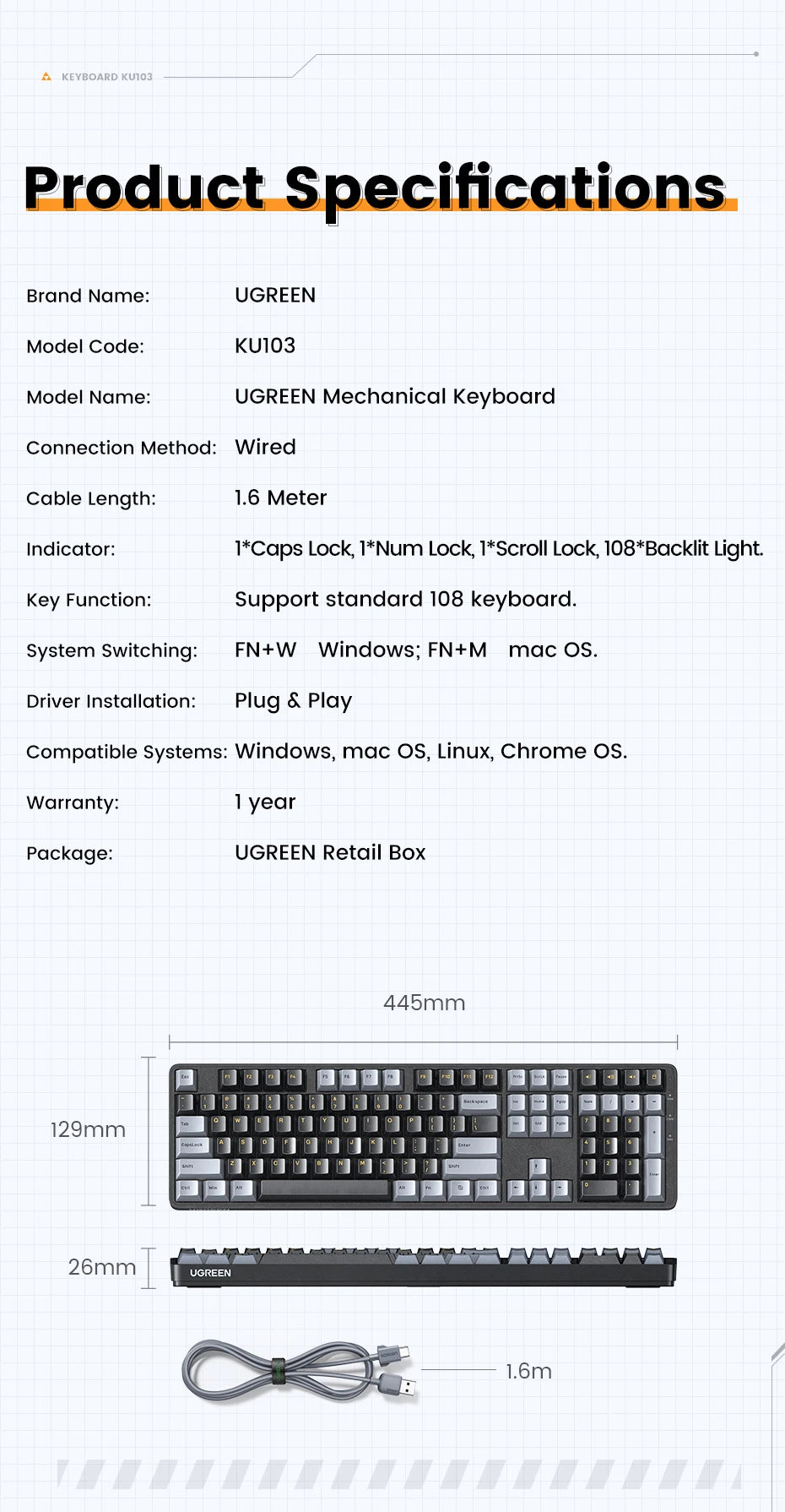 Wired Mechanical Gaming Keyboard 108 Keys with Red Switches - 21