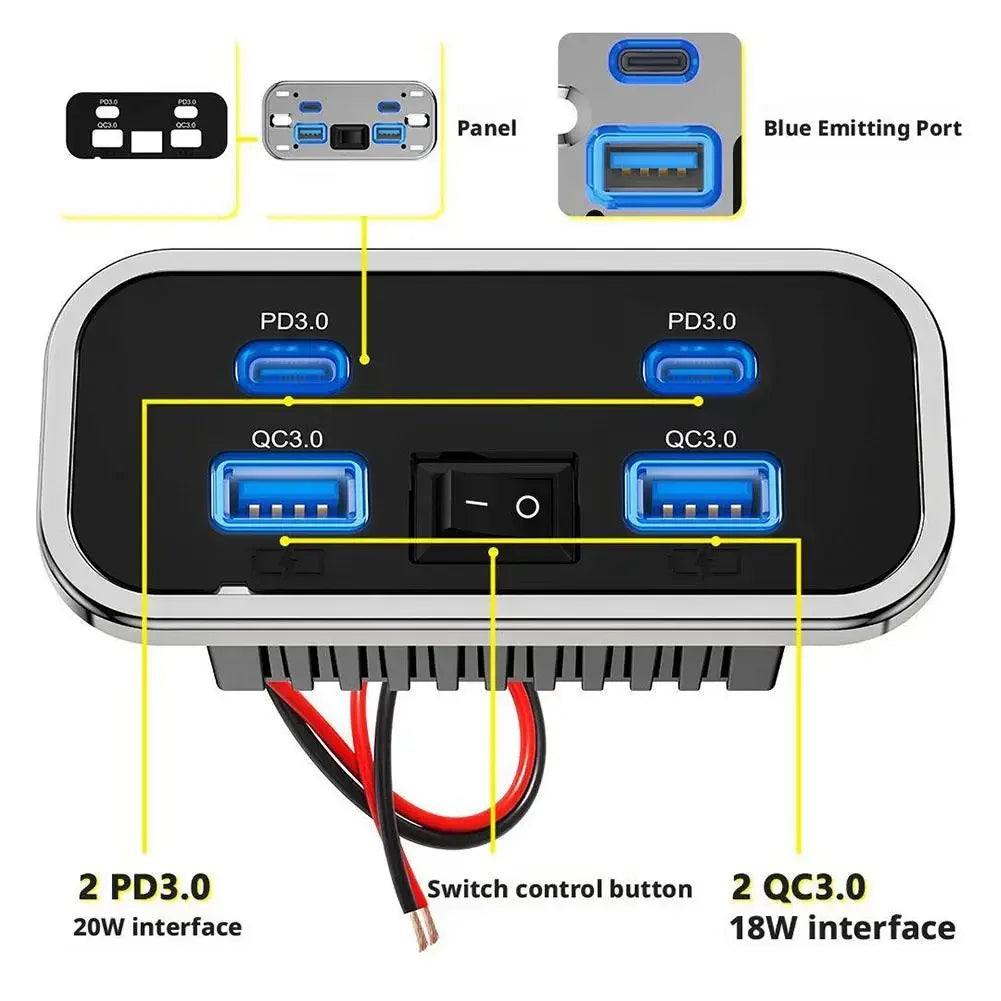 4 Port USB Car Charger with QC3.0 and PD3.0 Fast Charging Socket