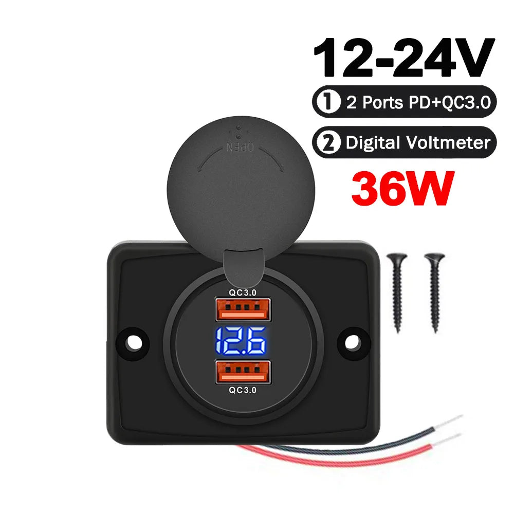12V 24V Dual USB PD and QC3.0 Fast Charger Socket with LED Voltmeter