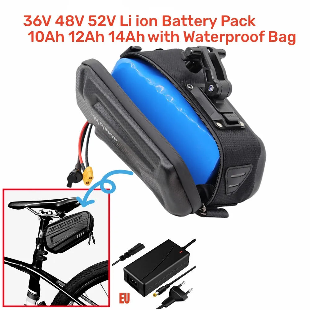 Waterproof Electric Bike Lithium-Ion Battery Pack 36V/48V/52V/60V