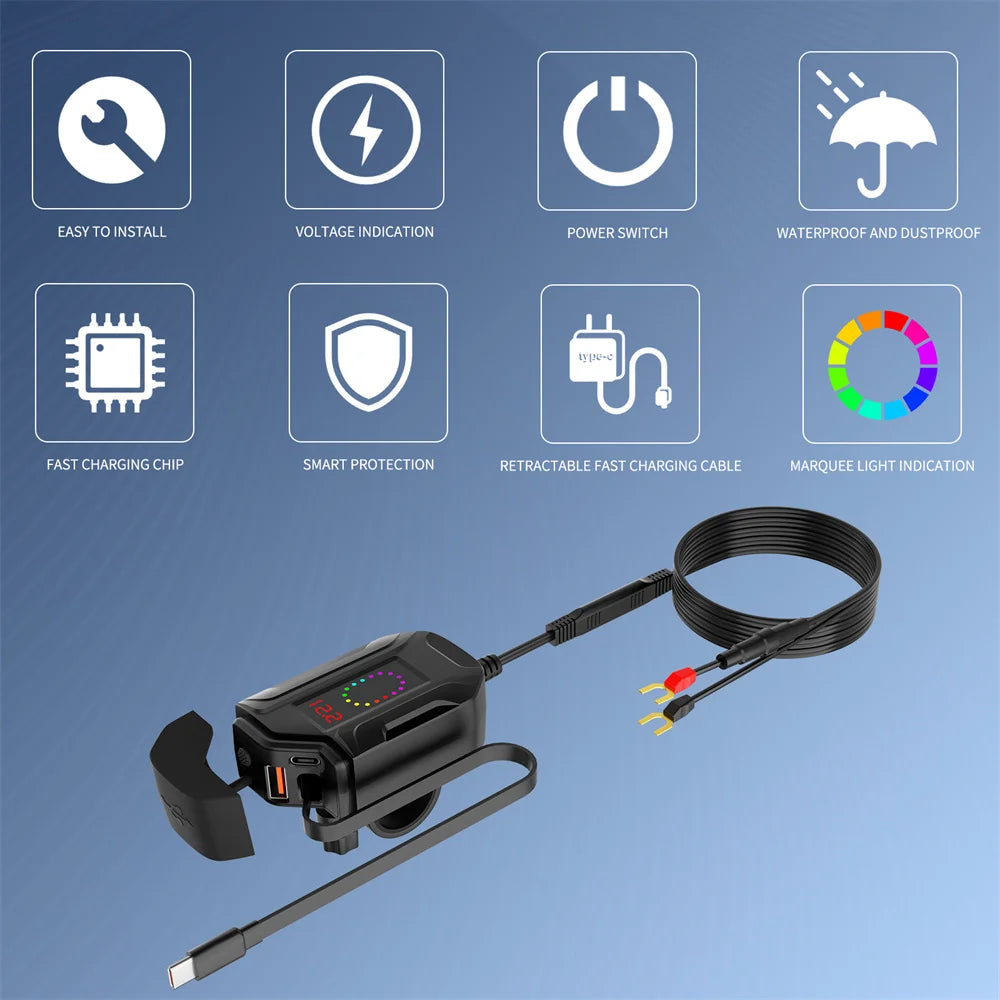 Motorcycle 100W Bidirectional USB Charger with Voltmeter and Switch