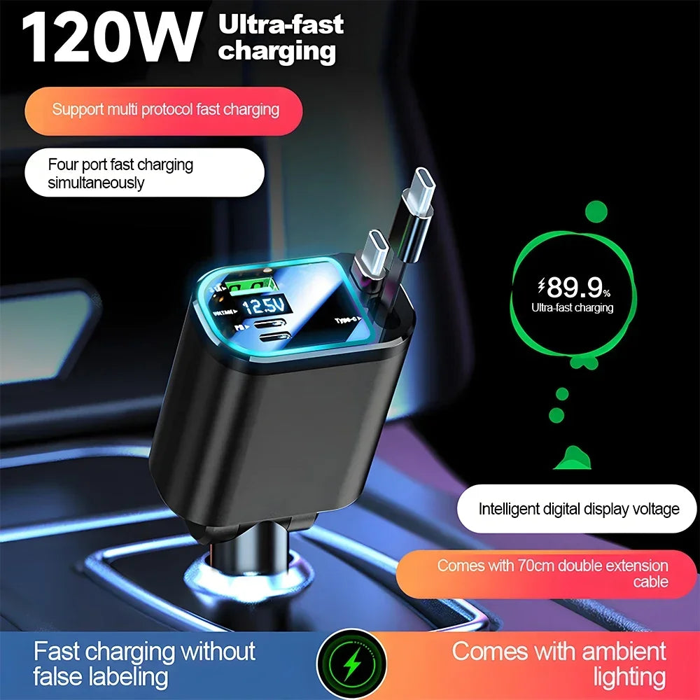 120W Retractable Fast Car Charger with Voltage Display - 2