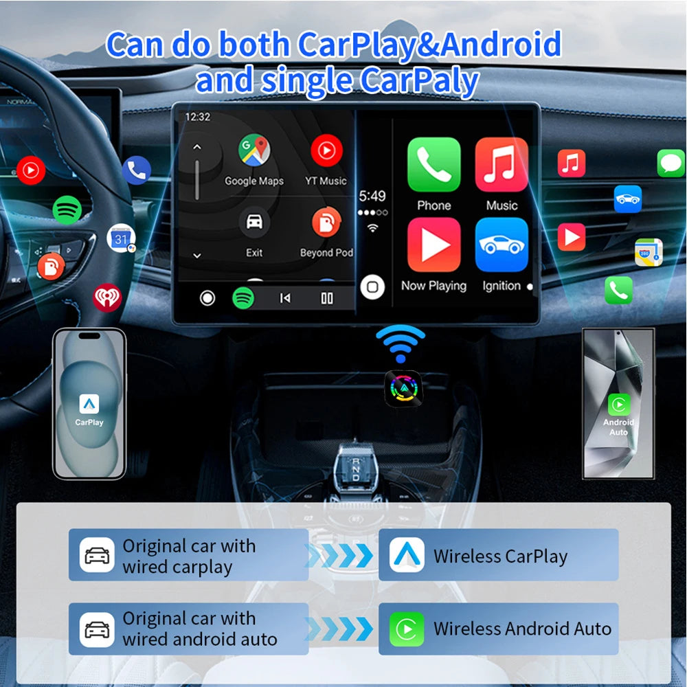 2 In 1 Wireless CarPlay and Android Auto Adapter Bluetooth 5.0 Dongle