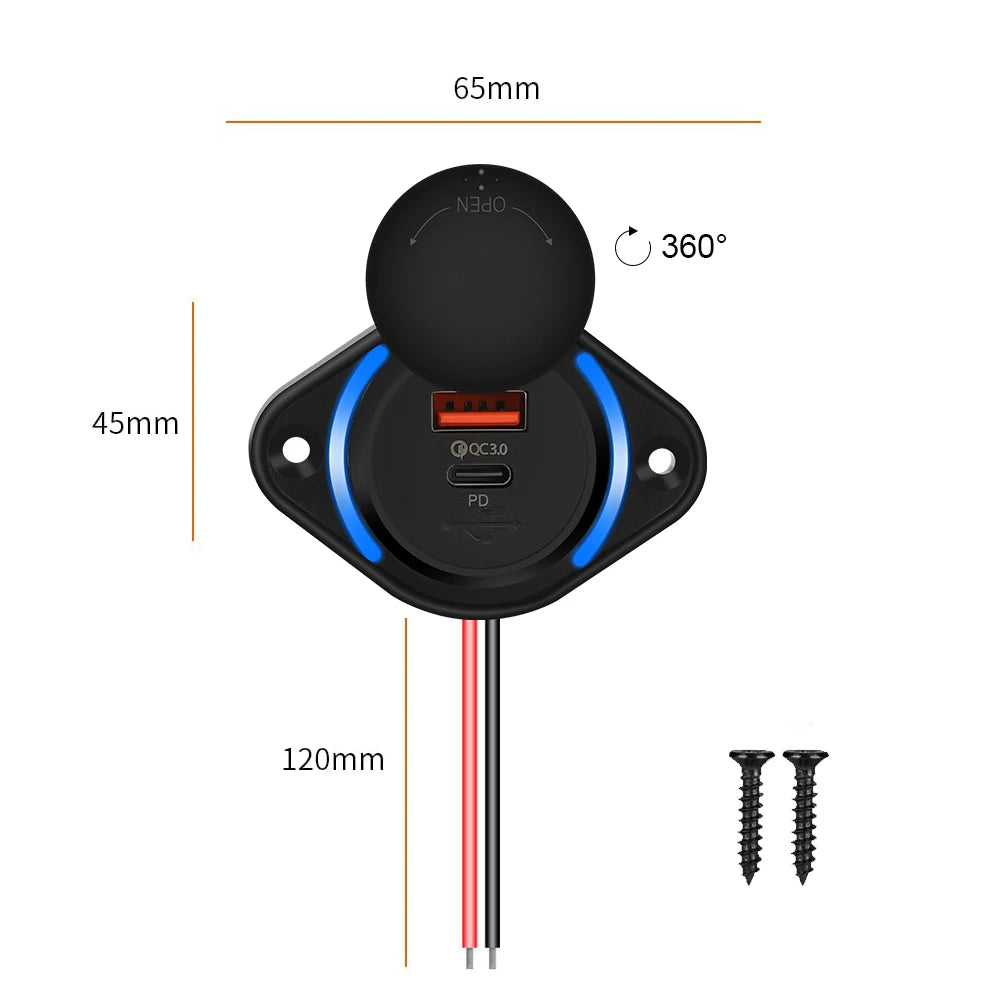 Dual Port USB PD and QC3.0 Power Socket for 12V 24V Vehicles