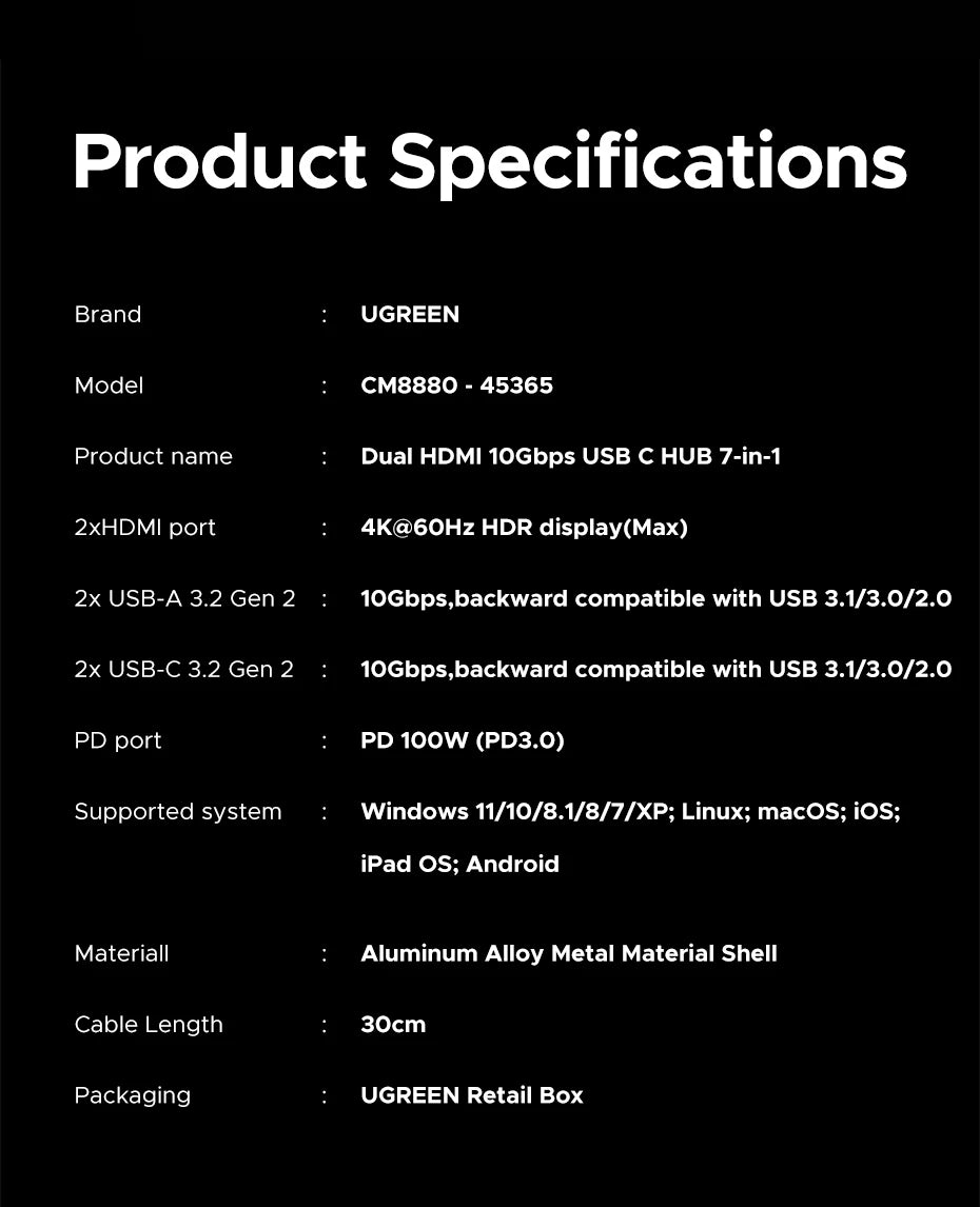 7-in-1 USB-C Hub with Dual 4K 60Hz HDMI and 100W Charging