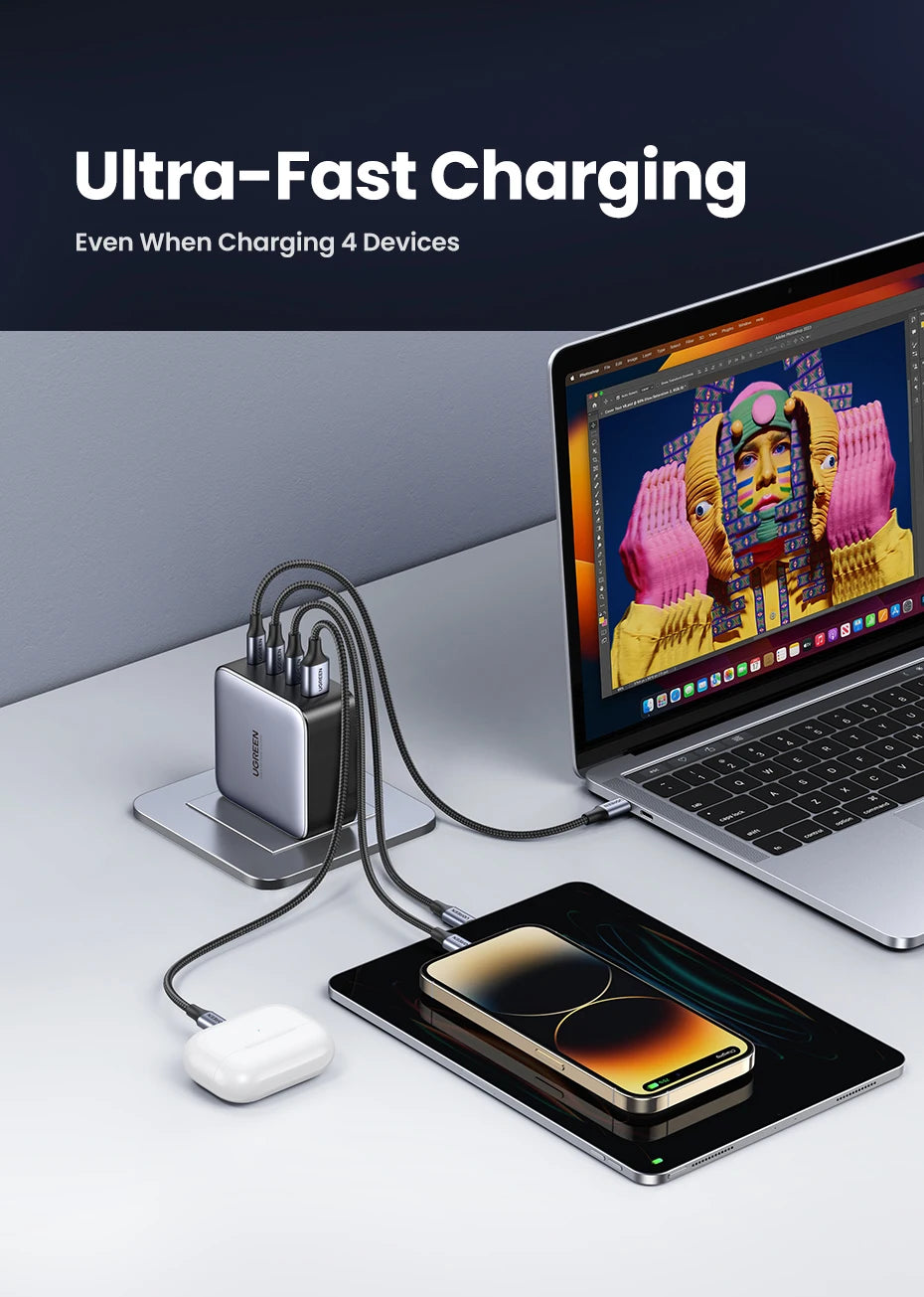 100W GaN USB-C Fast Wall Charger for Laptops and Smartphones