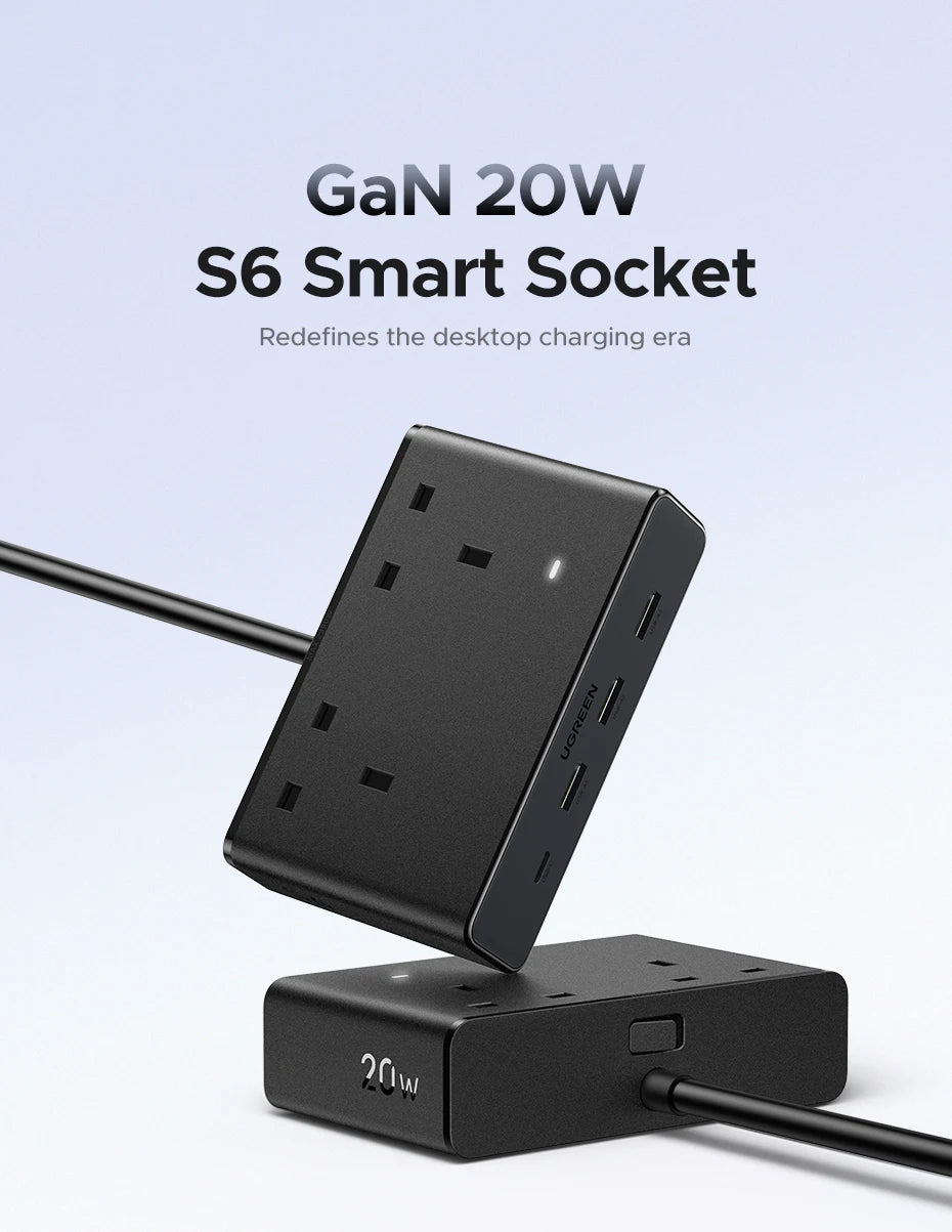 6-in-1 UK Plug Power Strip with 20W USB-C Fast Charging
