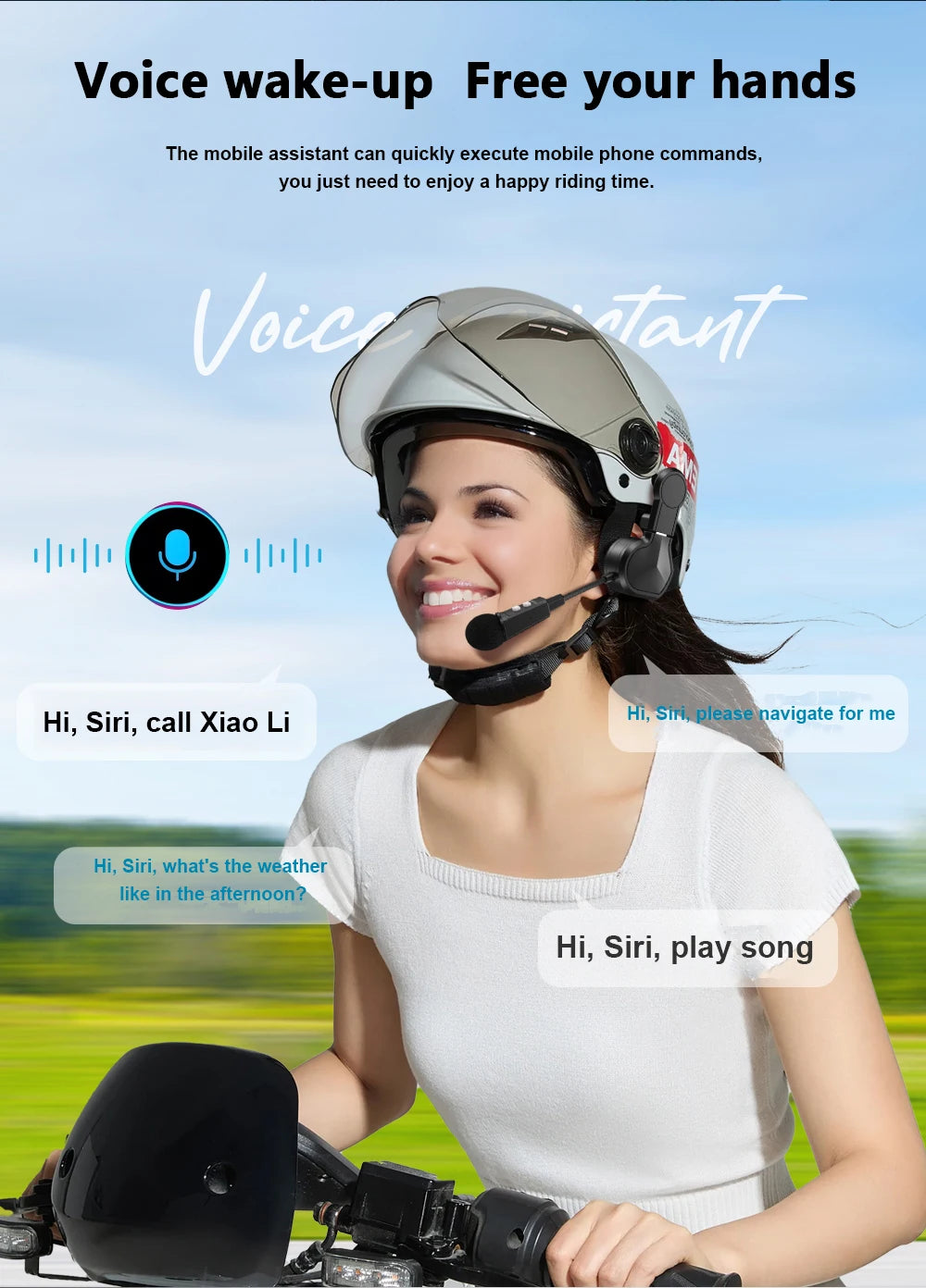 Motorcycle Helmet Wireless Bluetooth 5.3 Headset with Handsfree Mic
