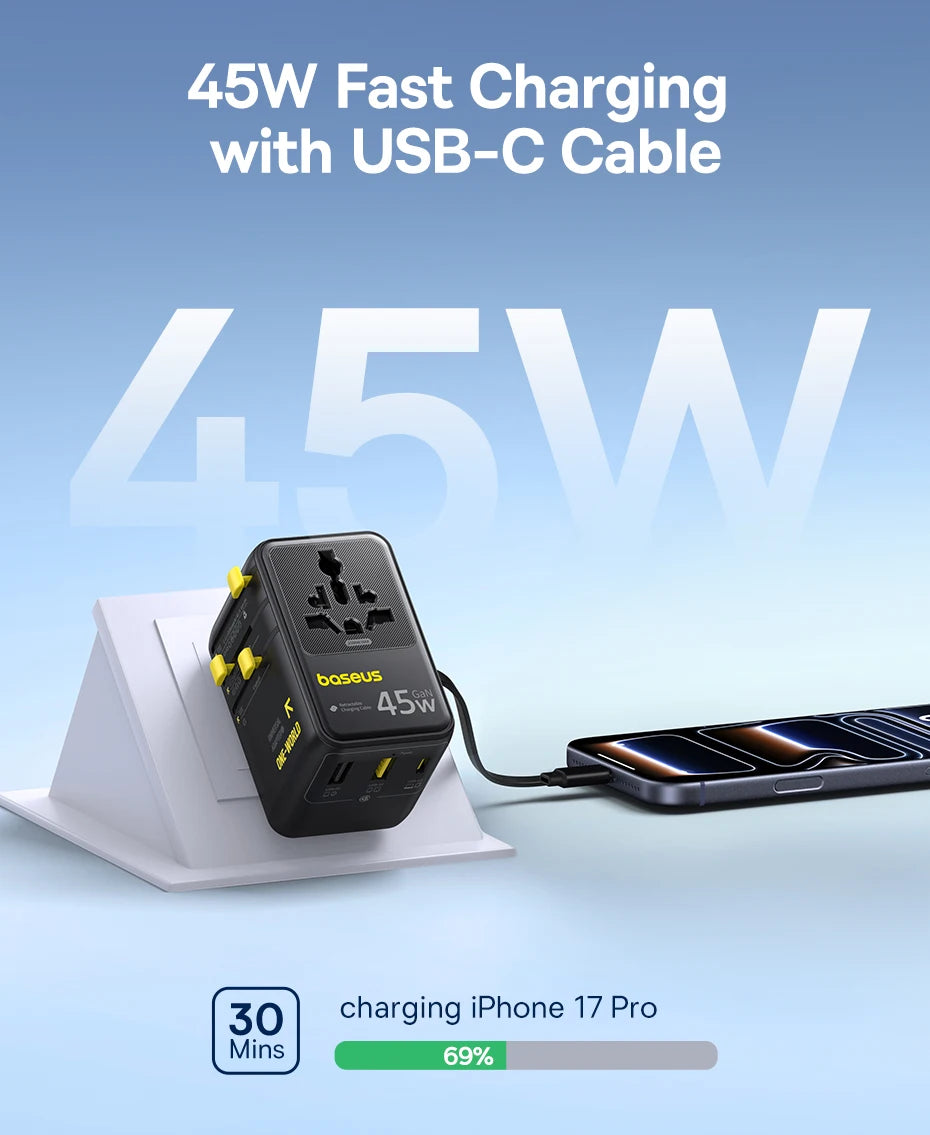 6-in-1 Universal Travel Adapter with 45W Fast Charging and Cable