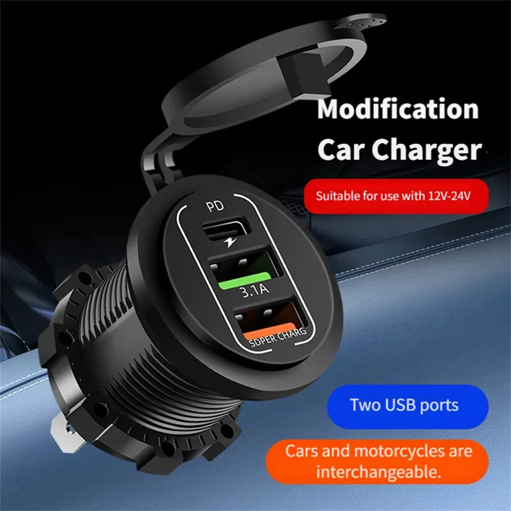 83W 4 Port USB and USB-C Fast Car Charger Socket for 12V 24V Vehicles