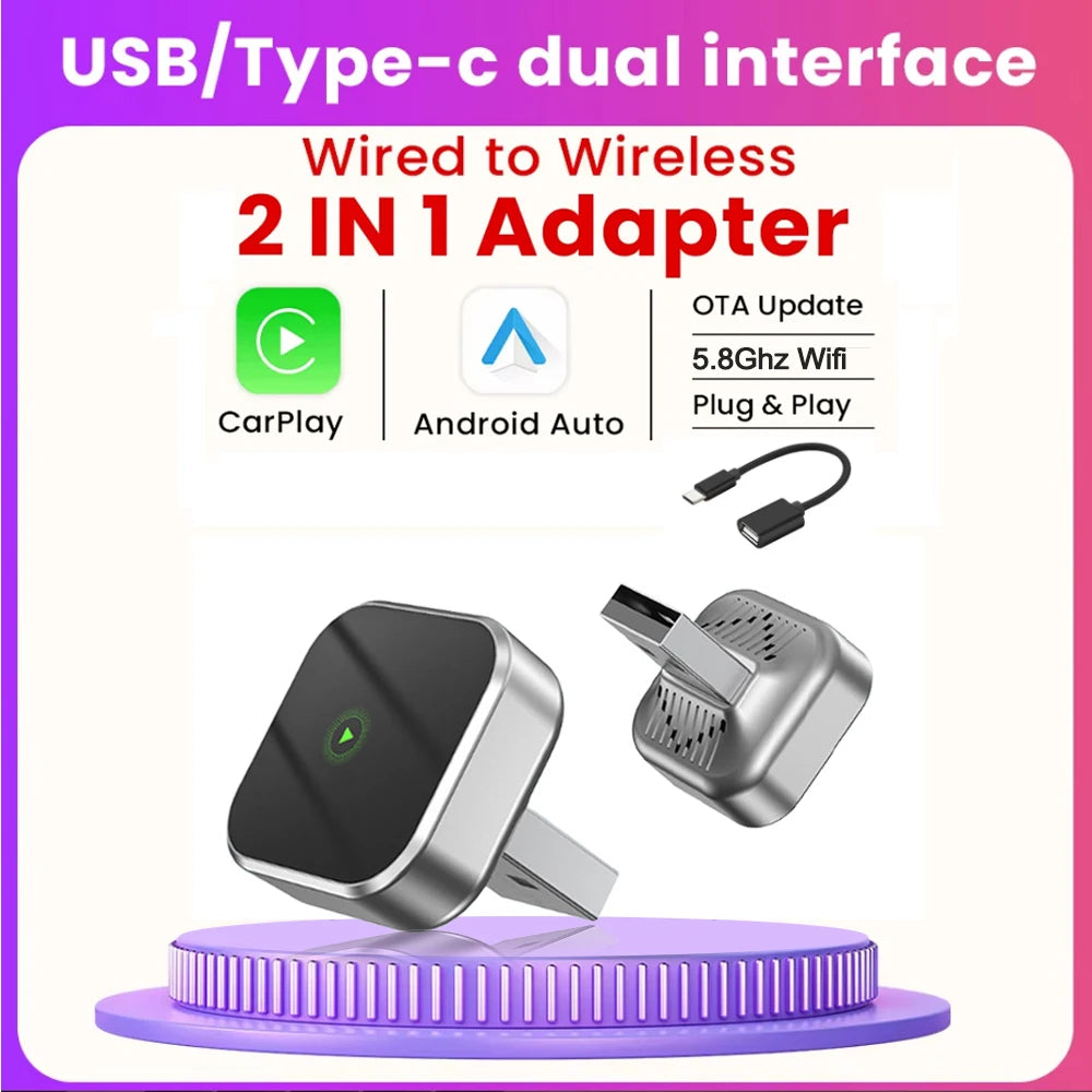 2 in 1 Wireless CarPlay and Android Auto Adapter 5.8Ghz Bluetooth 5.0