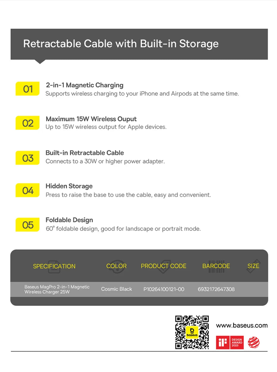 25W 2-in-1 Magnetic Wireless Charging Station for Smartphones