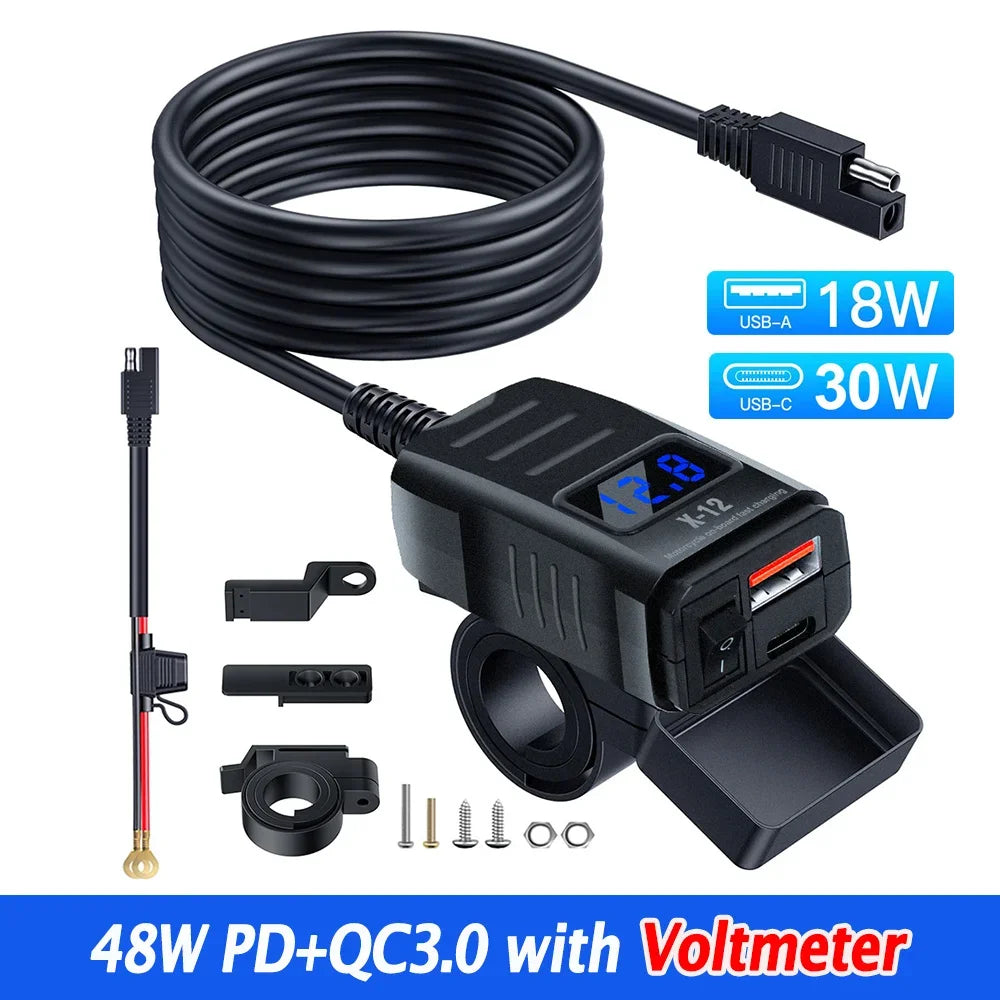 Motorcycle Handlebar USB Type C Charger with Voltmeter and Power Switch