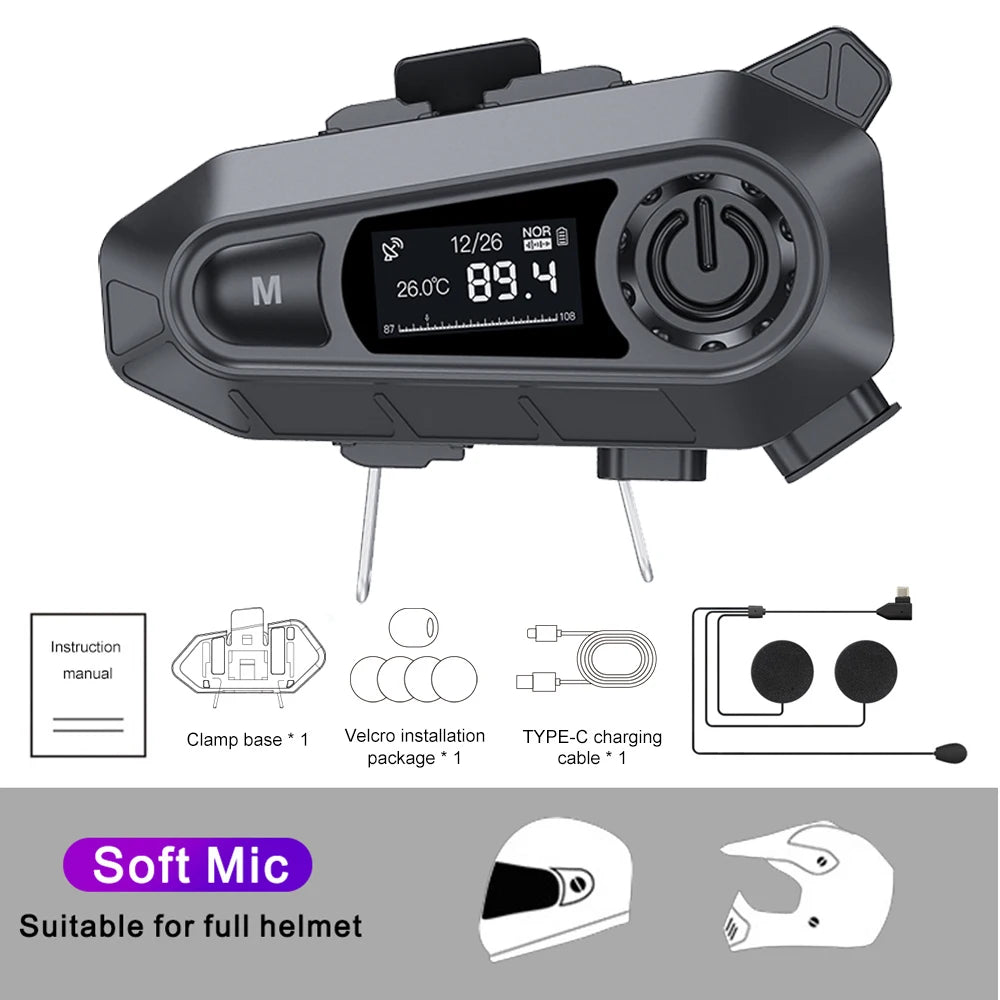 Motorcycle Helmet Bluetooth 5.3 Headset with LCD Intercom